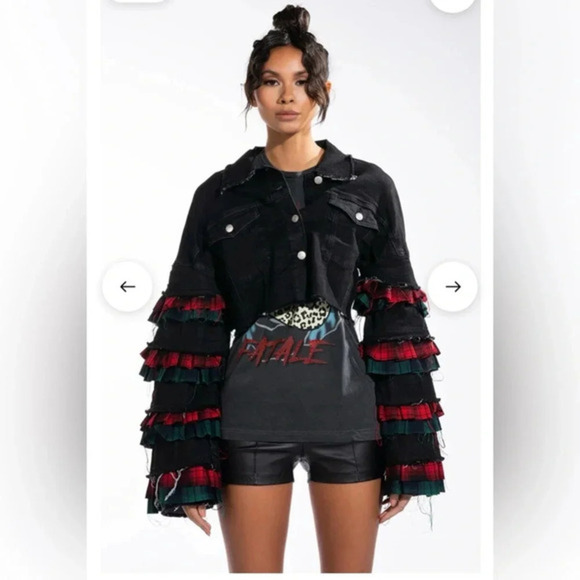 🖤❤️ AKIRA FLOGGY‎ MOLLY PLAID EXTRAVAGANT DENIM JACKET SIZE SMALL - Picture 4 of 16